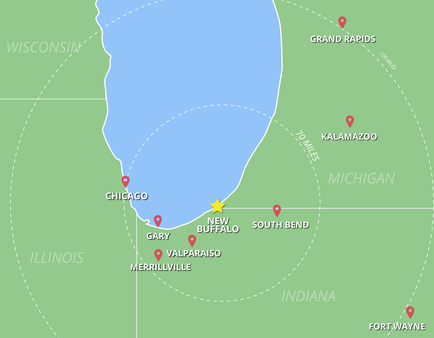 Immigration medical exams service area map, from Chicago to Grand Rapids, down to Ft. Wayne