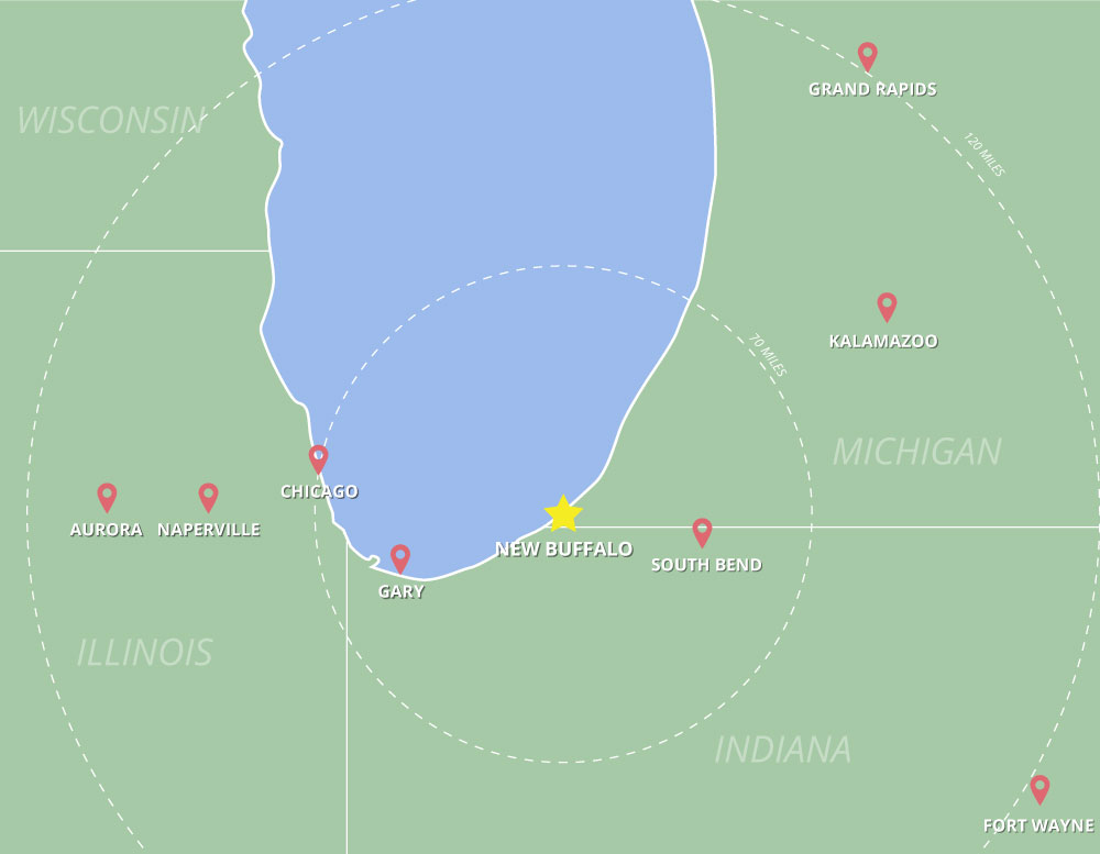 Immigration medical exams service area map, from Chicago to Grand Rapids, down to Ft. Wayne